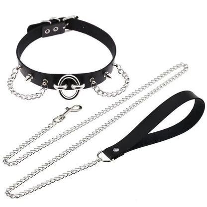 Leather Choker Heart Collar and Leash with Chains Bdsm Choker Submissive Collar for Female Fetishists BDSM Sex Leash Punk Goth