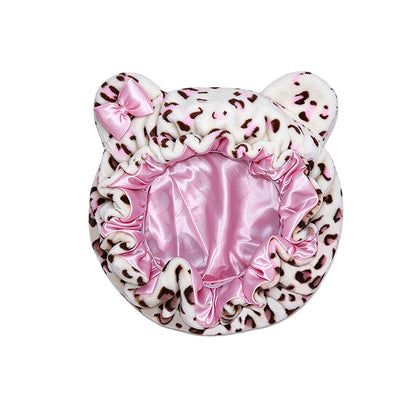 Cute Cat Ear Plush Satin Lined Hair Bonnet for Women Leopard Print Bow Sleep Cap Night Hat Curly Hair Protection Head Wrap